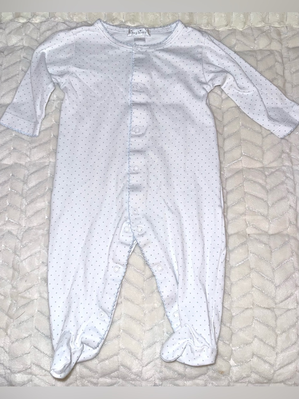 Kissy Kissy white with blue polka dots baby boys sleeper, size 3-6 mos